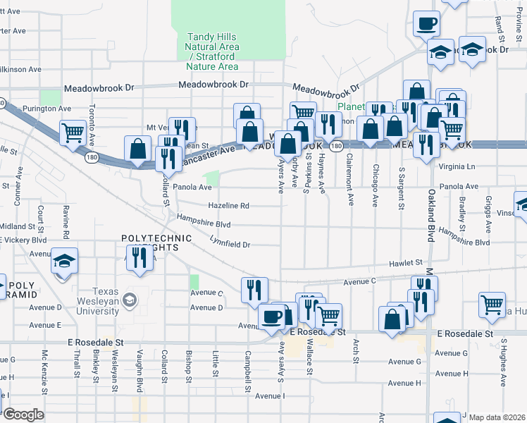 map of restaurants, bars, coffee shops, grocery stores, and more near 3612 Hazeline Road in Fort Worth