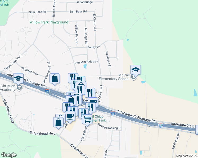 map of restaurants, bars, coffee shops, grocery stores, and more near 209 El Chico Trail in Willow Park