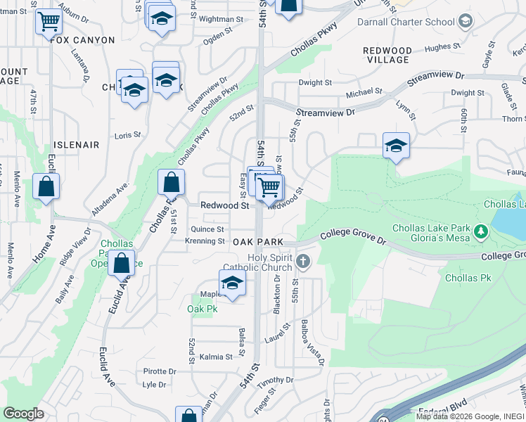 map of restaurants, bars, coffee shops, grocery stores, and more near 3089 54th Street in San Diego