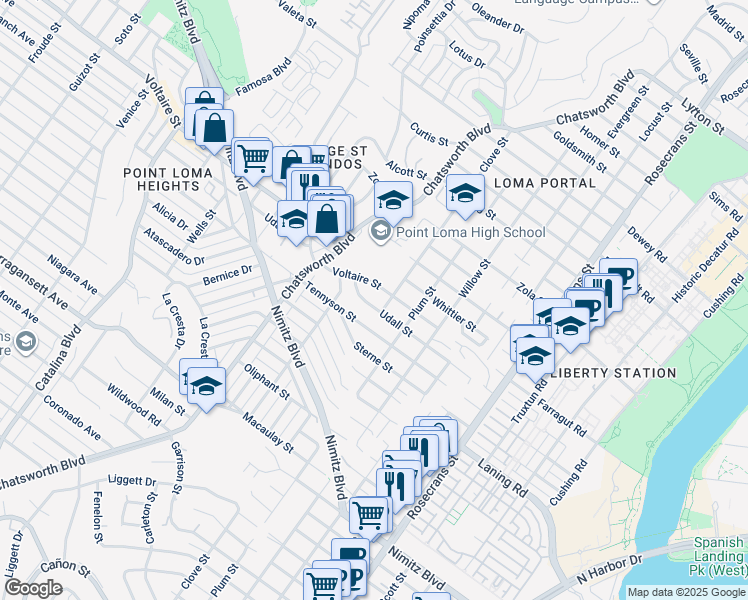 map of restaurants, bars, coffee shops, grocery stores, and more near 3516 Udall Street in San Diego