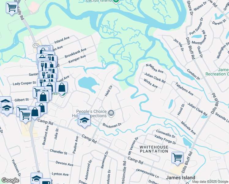 map of restaurants, bars, coffee shops, grocery stores, and more near 19 Held Circle in Charleston