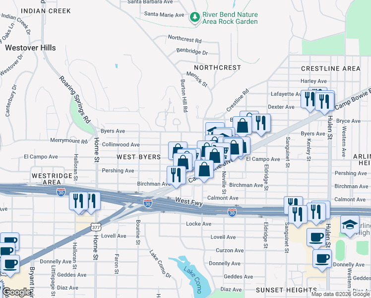 map of restaurants, bars, coffee shops, grocery stores, and more near 5217 Collinwood Avenue in Fort Worth