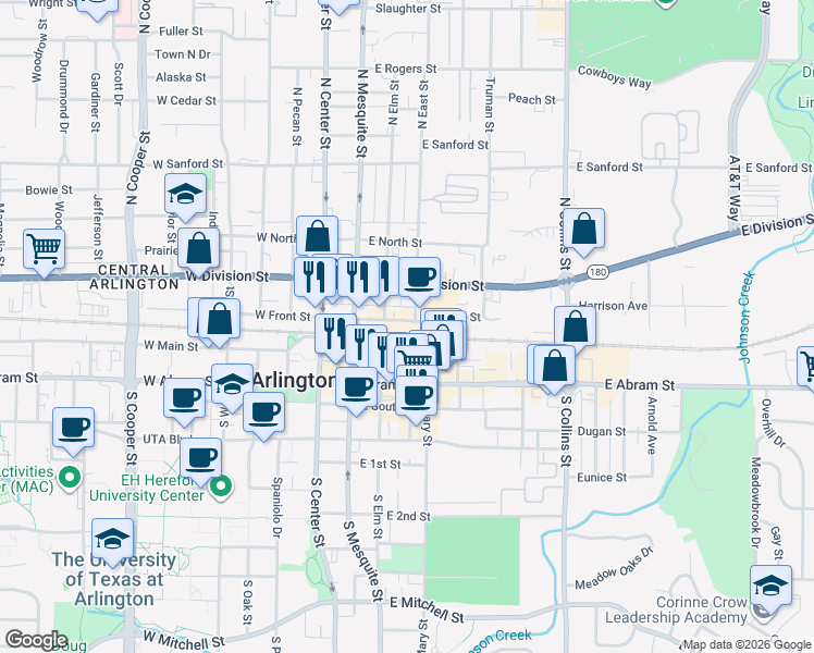 map of restaurants, bars, coffee shops, grocery stores, and more near 307 East Front Street in Arlington