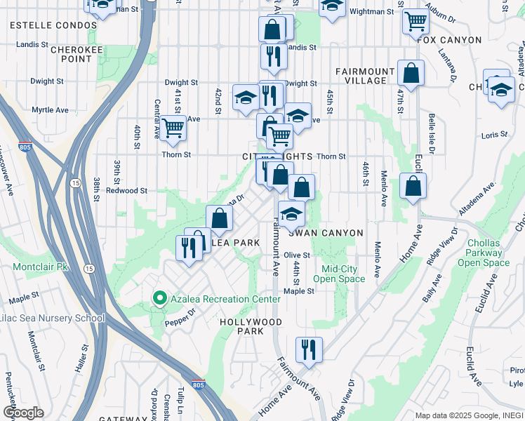 map of restaurants, bars, coffee shops, grocery stores, and more near 4321 Poplar Street in San Diego