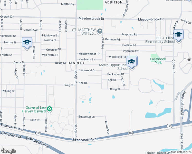 map of restaurants, bars, coffee shops, grocery stores, and more near 7432 Sandywoods Court in Fort Worth