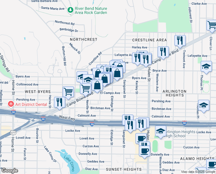 map of restaurants, bars, coffee shops, grocery stores, and more near 4907 Camp Bowie Boulevard in Fort Worth