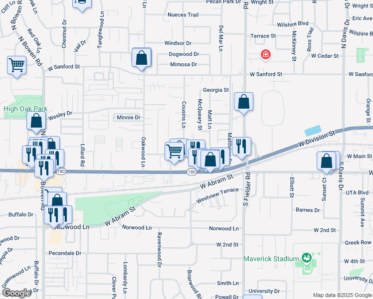 map of restaurants, bars, coffee shops, grocery stores, and more near 401 Cousins Lane in Arlington