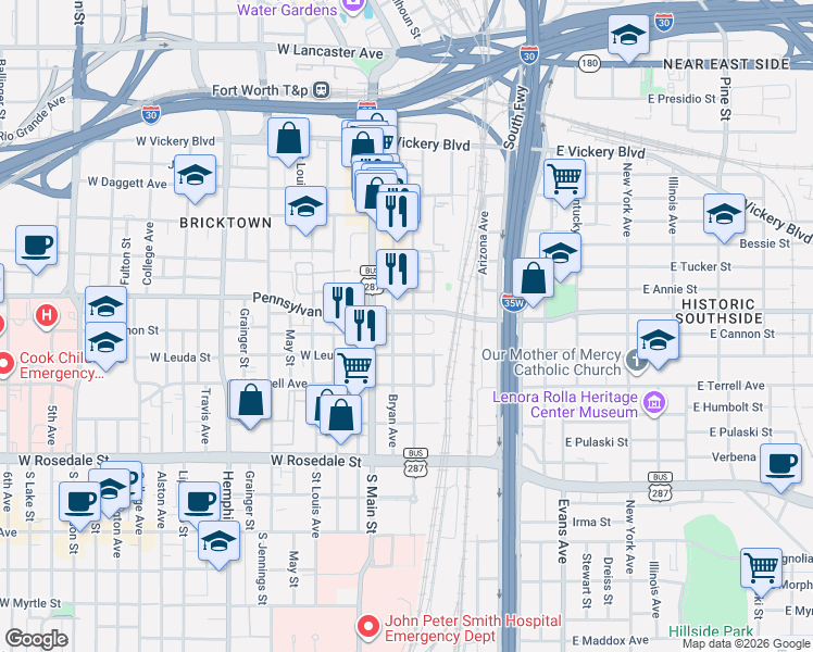 map of restaurants, bars, coffee shops, grocery stores, and more near 664 Crawford St in Fort Worth