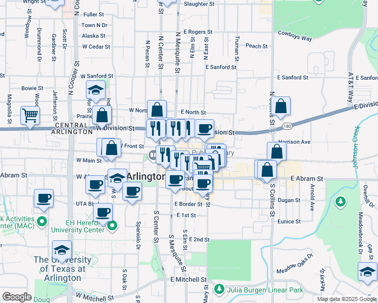 map of restaurants, bars, coffee shops, grocery stores, and more near 307 East Front Street in Arlington