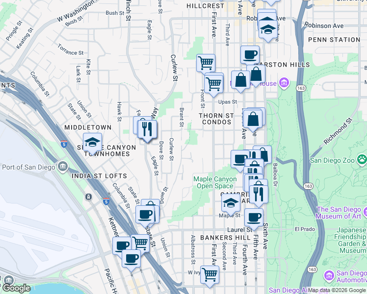map of restaurants, bars, coffee shops, grocery stores, and more near 3070 North Arroyo Drive in San Diego