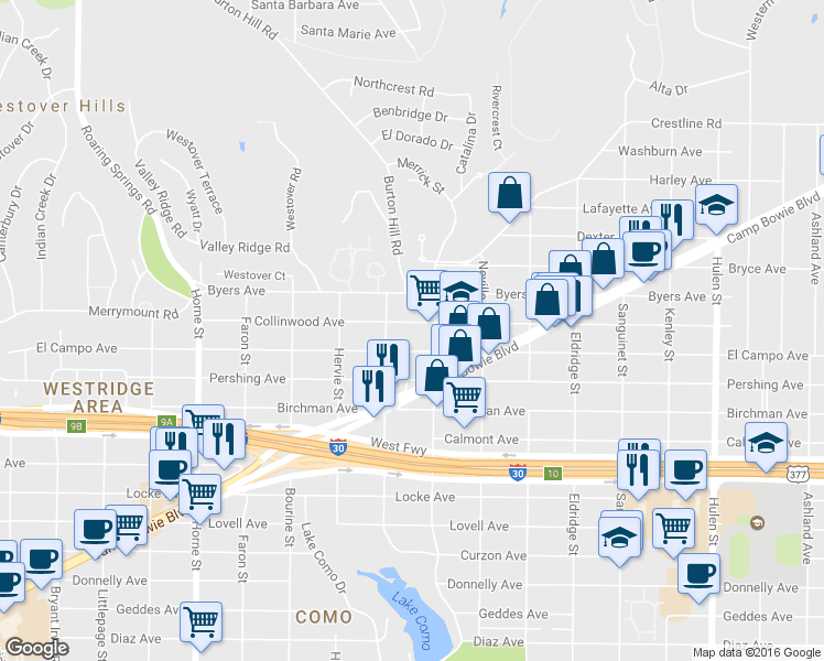 map of restaurants, bars, coffee shops, grocery stores, and more near 5217 Collinwood Avenue in Fort Worth