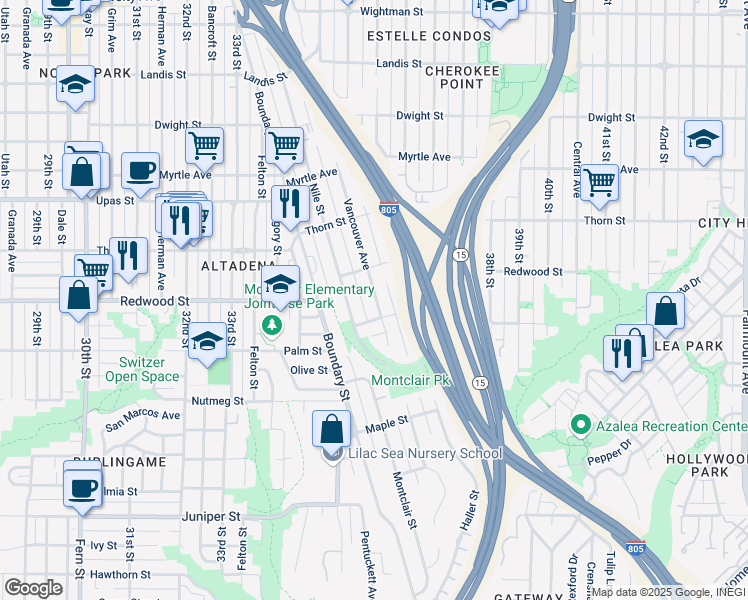 map of restaurants, bars, coffee shops, grocery stores, and more near 3034 Vancouver Avenue in San Diego