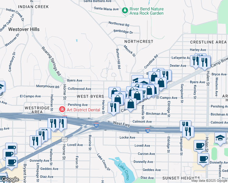 map of restaurants, bars, coffee shops, grocery stores, and more near 5305 Collinwood Avenue in Fort Worth