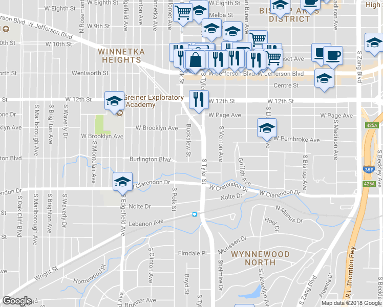 map of restaurants, bars, coffee shops, grocery stores, and more near 826 Buckalew Street in Dallas