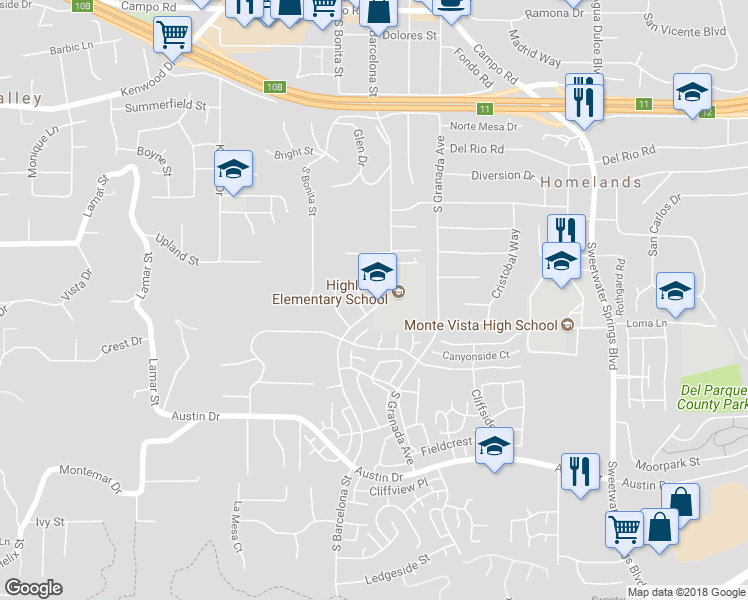 map of restaurants, bars, coffee shops, grocery stores, and more near 3118 South Barcelona Street in Spring Valley
