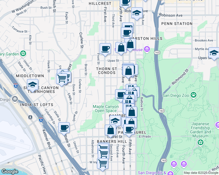 map of restaurants, bars, coffee shops, grocery stores, and more near 3070 2nd Avenue in San Diego