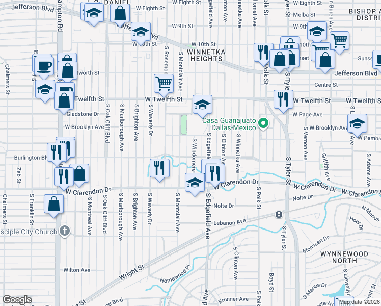map of restaurants, bars, coffee shops, grocery stores, and more near 835 South Windomere Avenue in Dallas