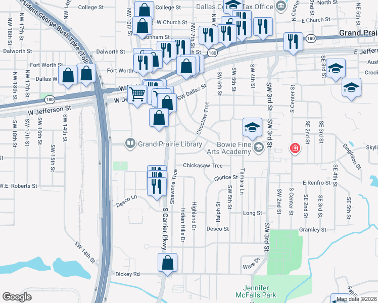 map of restaurants, bars, coffee shops, grocery stores, and more near 810 Apache Trce in Grand Prairie