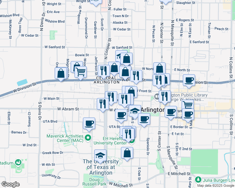map of restaurants, bars, coffee shops, grocery stores, and more near 109 North Cooper Street in Arlington