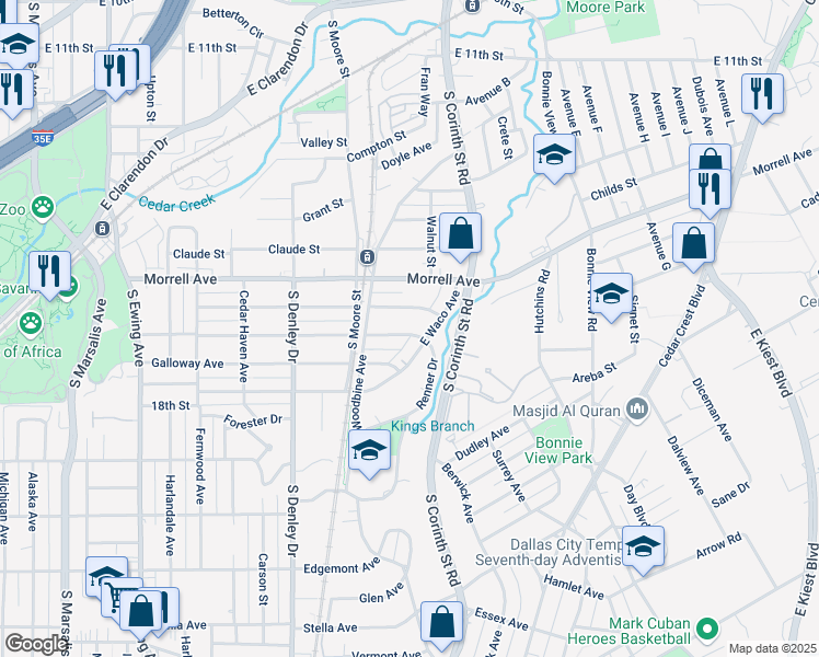 map of restaurants, bars, coffee shops, grocery stores, and more near 1443 Strickland Street in Dallas