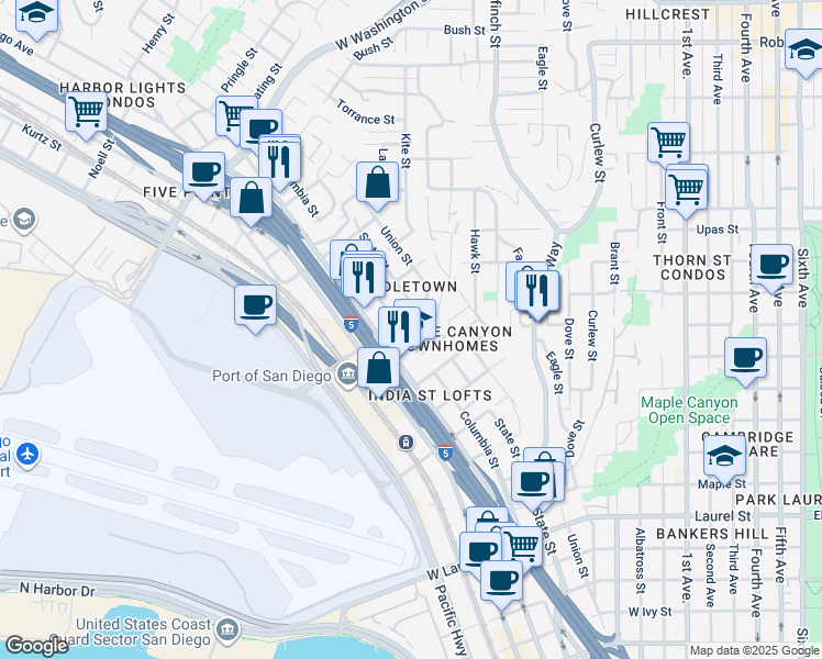 map of restaurants, bars, coffee shops, grocery stores, and more near 3243-45 Columbia Street in San Diego
