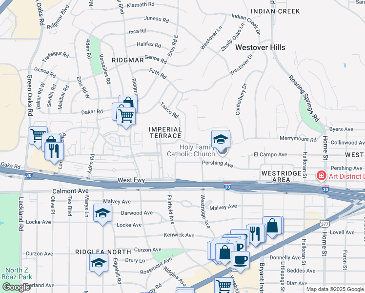 map of restaurants, bars, coffee shops, grocery stores, and more near 6201 Plaza Parkway in Fort Worth