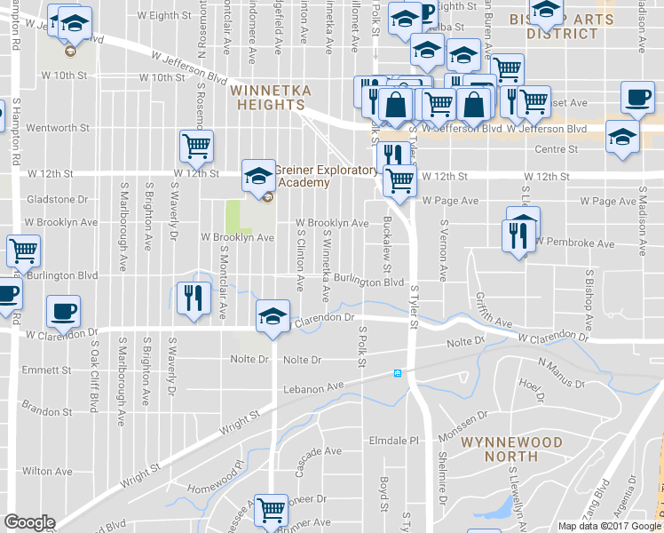map of restaurants, bars, coffee shops, grocery stores, and more near 822 South Winnetka Avenue in Dallas