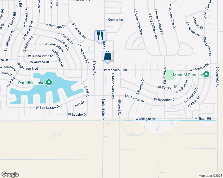map of restaurants, bars, coffee shops, grocery stores, and more near 15676 South Moon Valley Road in Arizona City