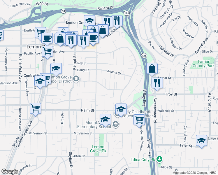 map of restaurants, bars, coffee shops, grocery stores, and more near 8316 Lincoln Street in Lemon Grove