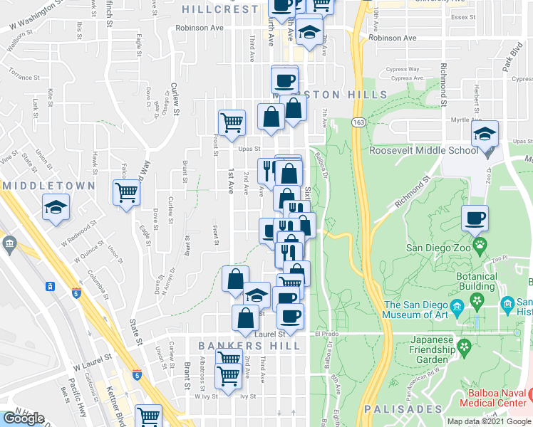 map of restaurants, bars, coffee shops, grocery stores, and more near 3065 Third Avenue in San Diego