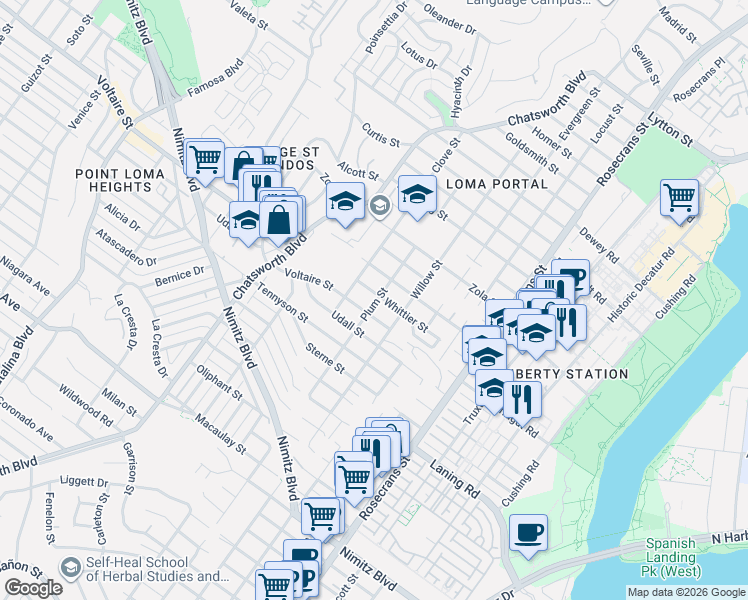 map of restaurants, bars, coffee shops, grocery stores, and more near 3422 Voltaire Street in San Diego