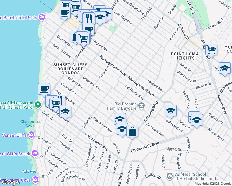 map of restaurants, bars, coffee shops, grocery stores, and more near 4443 Santa Cruz Avenue in San Diego