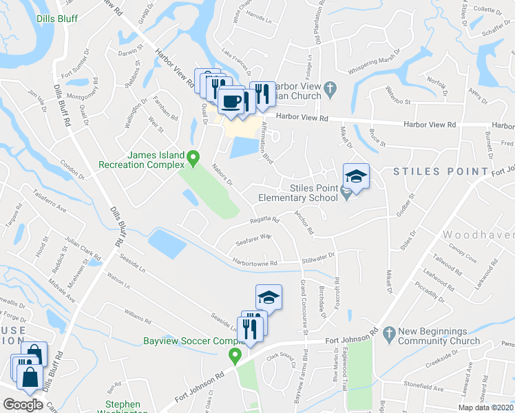 map of restaurants, bars, coffee shops, grocery stores, and more near 996 Nabors Drive in Charleston