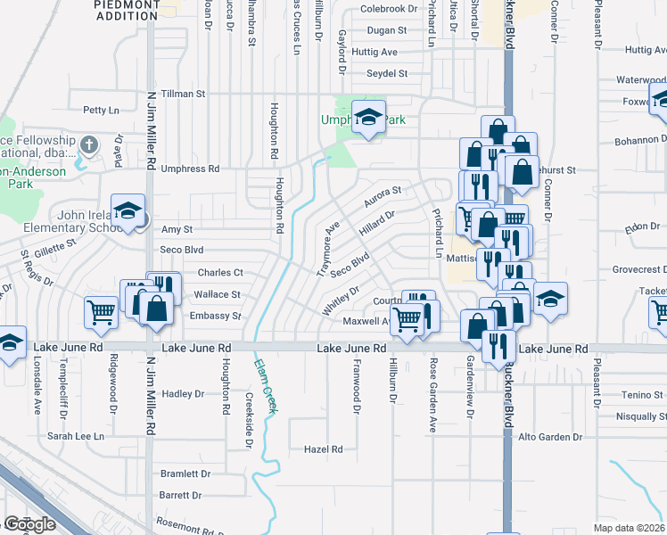 map of restaurants, bars, coffee shops, grocery stores, and more near 7607 Seco Boulevard in Dallas
