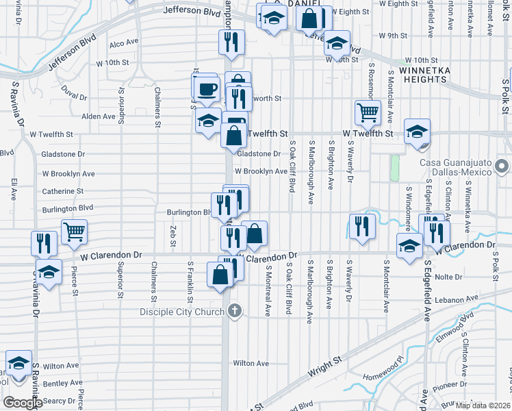 map of restaurants, bars, coffee shops, grocery stores, and more near 822 Hollywood Avenue in Dallas