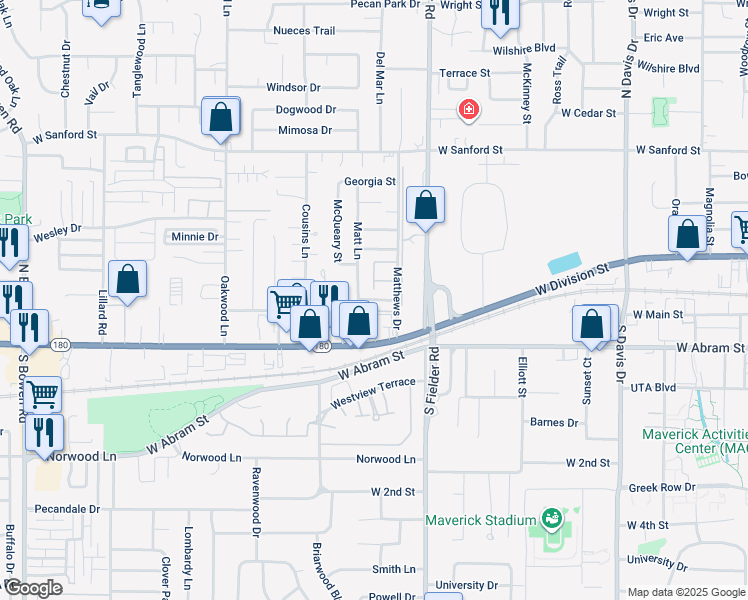 map of restaurants, bars, coffee shops, grocery stores, and more near 1717 Justin Lyn Street in Arlington