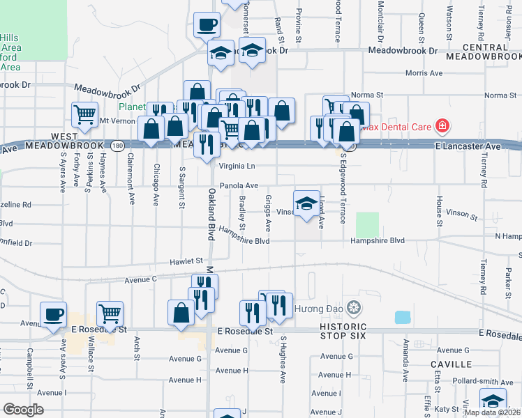map of restaurants, bars, coffee shops, grocery stores, and more near 624 Griggs Avenue in Fort Worth