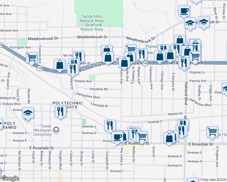 map of restaurants, bars, coffee shops, grocery stores, and more near 3612 Hazeline Road in Fort Worth