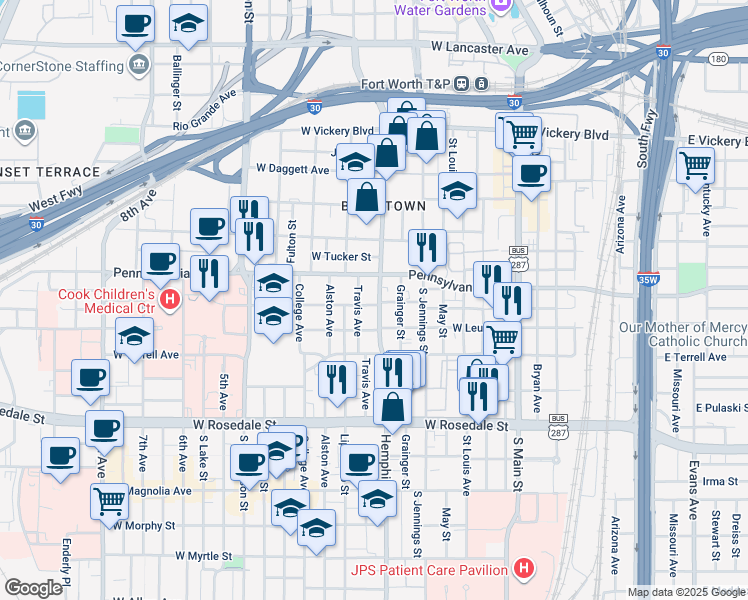 map of restaurants, bars, coffee shops, grocery stores, and more near 622 Hemphill Street in Fort Worth