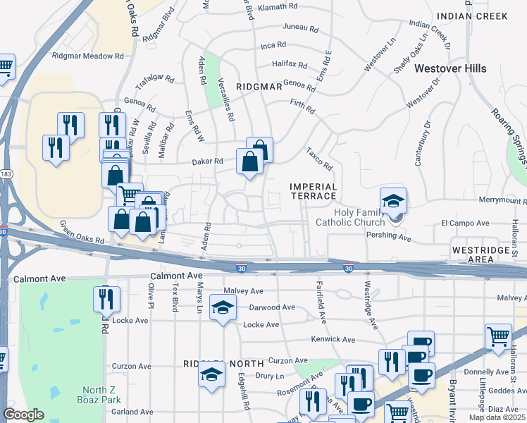 map of restaurants, bars, coffee shops, grocery stores, and more near 2204 Ridgmar Boulevard in Fort Worth