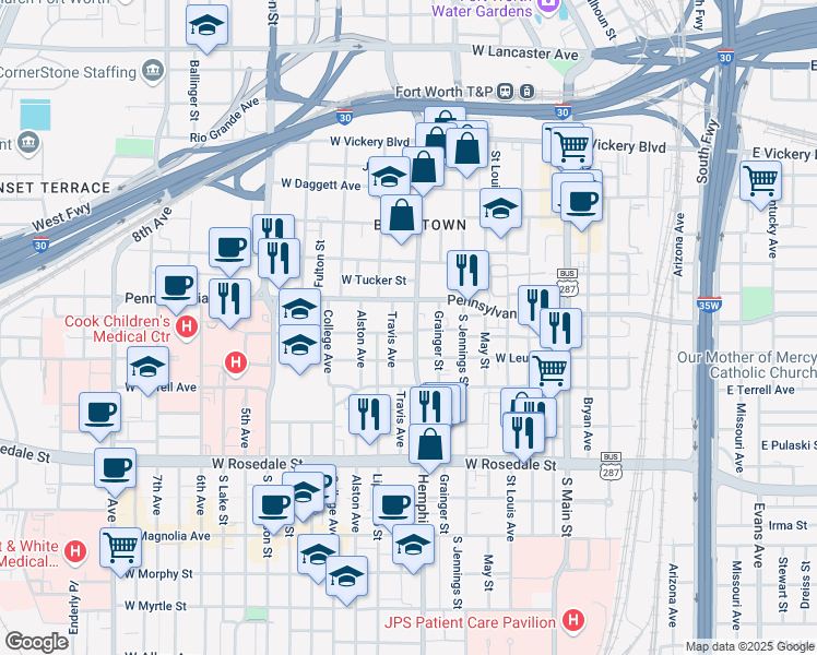 map of restaurants, bars, coffee shops, grocery stores, and more near 622 Hemphill Street in Fort Worth