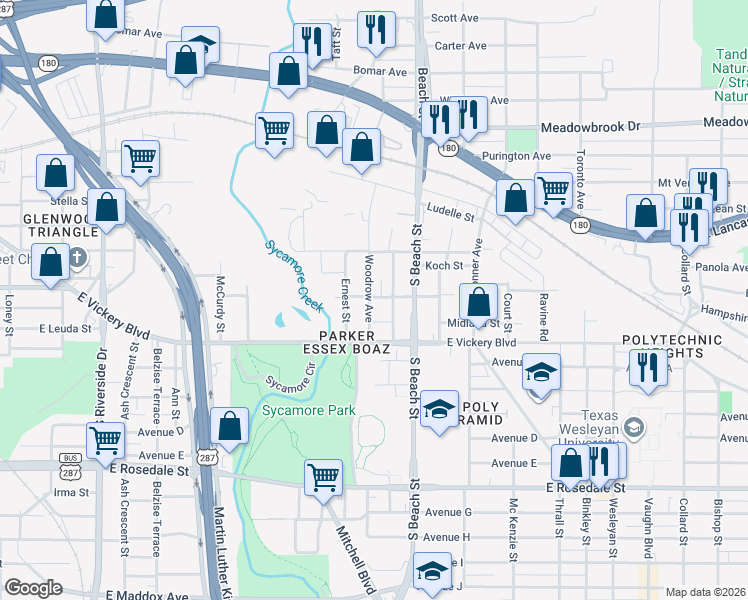 map of restaurants, bars, coffee shops, grocery stores, and more near 701 Woodrow Avenue in Fort Worth