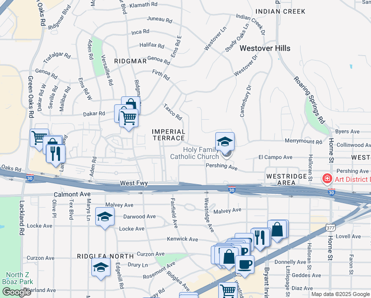 map of restaurants, bars, coffee shops, grocery stores, and more near 6201 Plaza Parkway in Fort Worth
