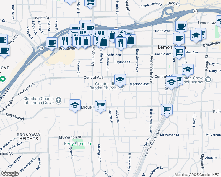 map of restaurants, bars, coffee shops, grocery stores, and more near 7302 Goodman Lane in Lemon Grove