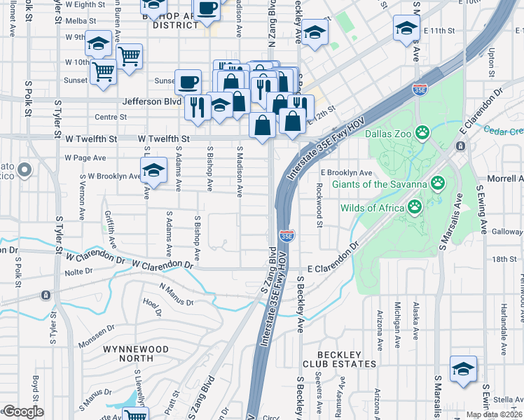 map of restaurants, bars, coffee shops, grocery stores, and more near 207 West Yarmouth Street in Dallas