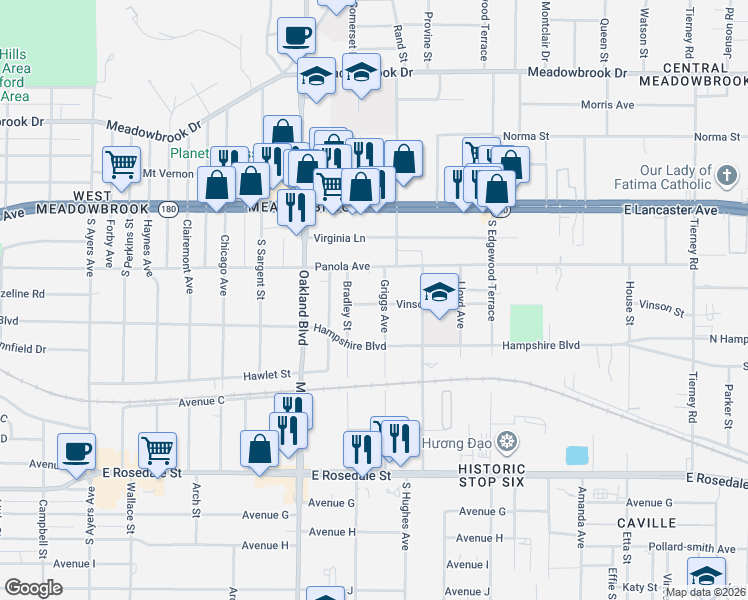 map of restaurants, bars, coffee shops, grocery stores, and more near 624 Griggs Avenue in Fort Worth