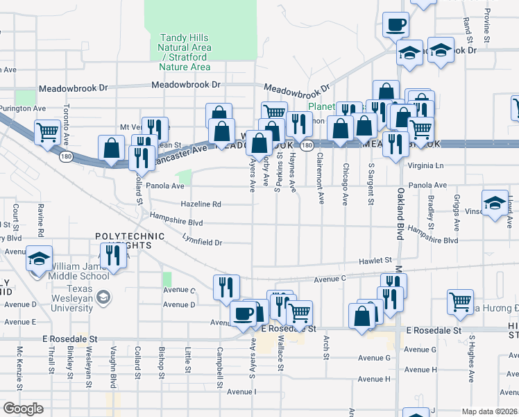 map of restaurants, bars, coffee shops, grocery stores, and more near 703 South Ayers Avenue in Fort Worth