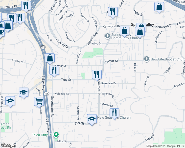 map of restaurants, bars, coffee shops, grocery stores, and more near 8932 Troy Street in Spring Valley