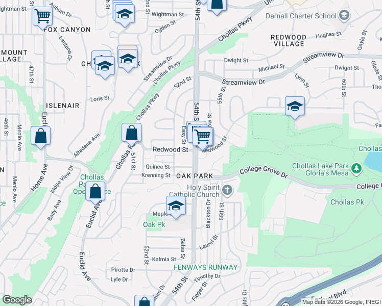 map of restaurants, bars, coffee shops, grocery stores, and more near 5359 Redwood Street in San Diego