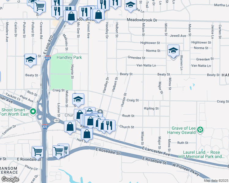 map of restaurants, bars, coffee shops, grocery stores, and more near 2845 Halbert Street in Fort Worth